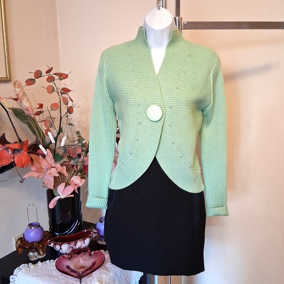 NWT Woman's Light Green One Button Knit Shrug Open Front Cardigan Sweater - Picture 8 of 9
